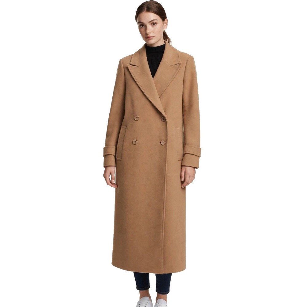 Steve Madden Camel Long Wool Coat Womens XS Double Breasted Peacoat Overcoat